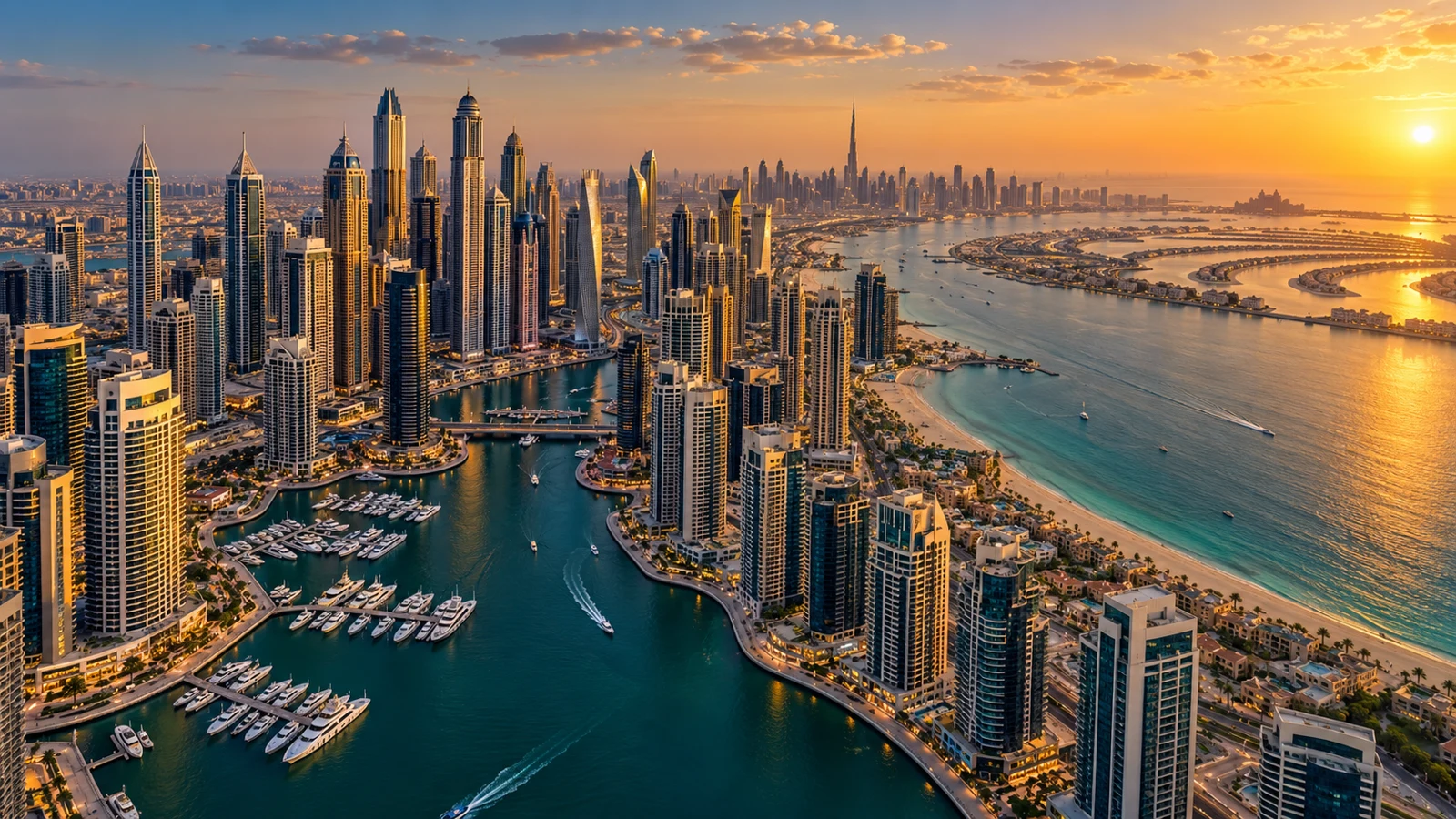 AI-generated illustration of an aerial view of Dubai Marina